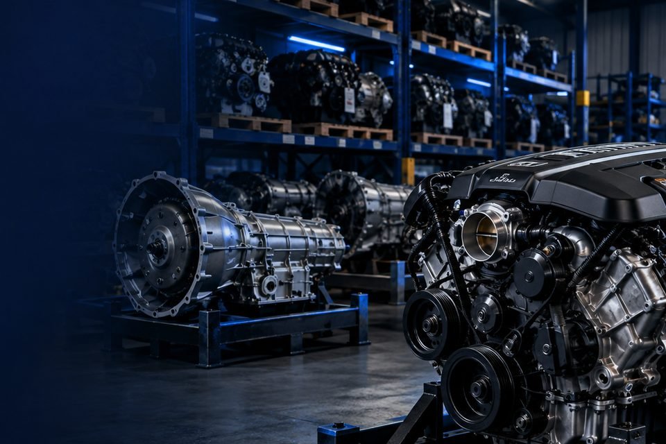 Inside the TorqueCore Auto facility, engines and transmissions on inspection stands