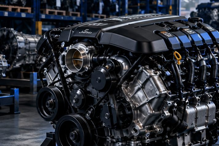 Used V8 engine on a shipping stand, ready for inspection