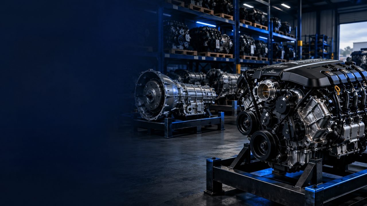 Racks of used engines and transmissions in the TorqueCore Auto warehouse